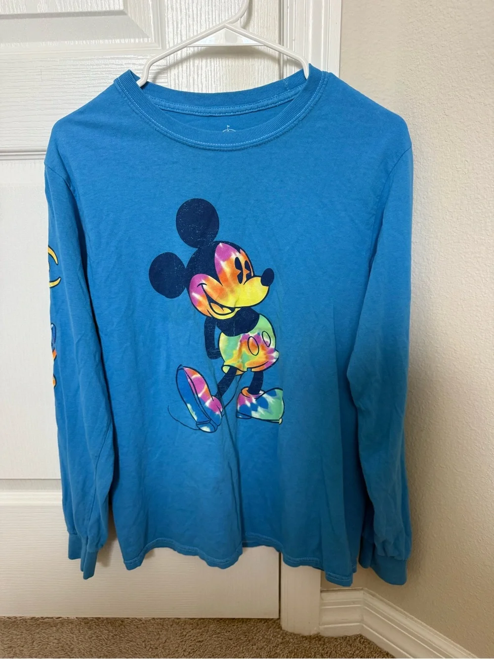 Disney Blue Long-Sleeve Tee with Tie-Dye Mickey Graphic